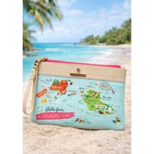 Spartina 449 Hawaiian Islands Map Wristlet Pouch Zip Clutch Tropical Print